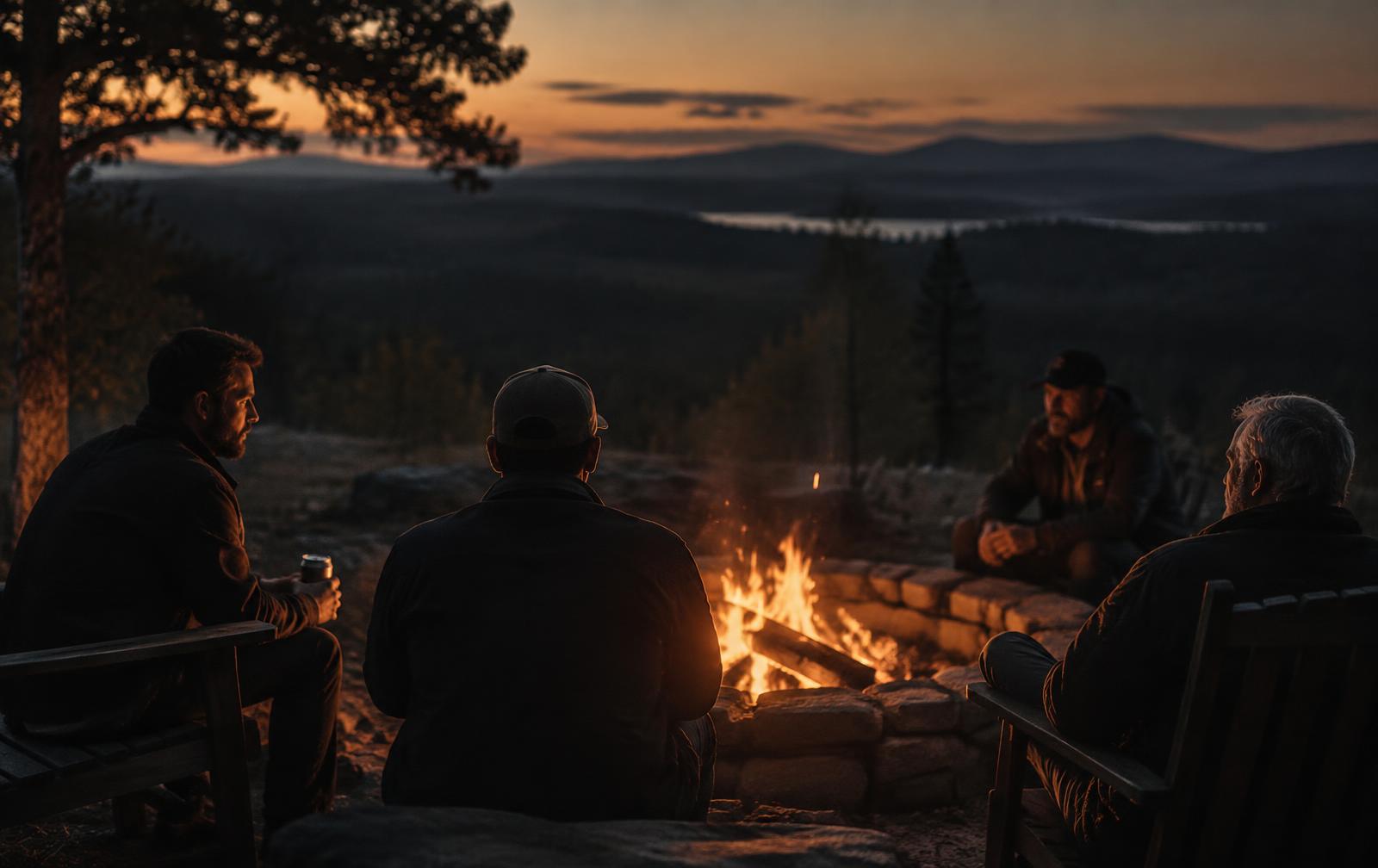 Men talking around a fire at dusk